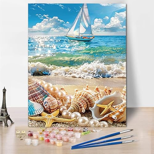 Malen Nach Zahlen Erwachsene Strand Muschel Malen Nach Zahlen Kinder mit 3-Pinseln und Acrylfarbe DIY Set, Paint by Numbers Adult Leinwand Handgemalt öLgemälde Kit Als Wanddeko Geschenk 45x60cm -Oo5 von Wohoaqig