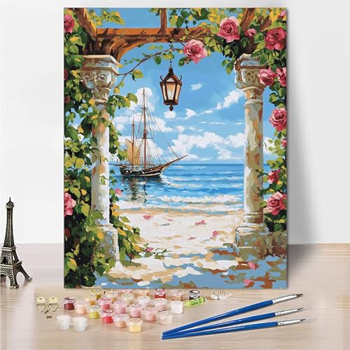 Malen Nach Zahlen Erwachsene Strand Schiff Malen Nach Zahlen Kinder mit 3-Pinseln und Acrylfarbe DIY Set, Paint by Numbers Adult Leinwand Handgemalt öLgemälde Kit Als Wanddeko Geschenk 45x60cm -7o37 von Wohoaqig