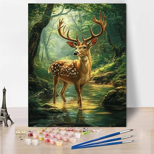 Malen Nach Zahlen Erwachsene Tier Hirsch Malen Nach Zahlen Kinder mit 3-Pinseln und Acrylfarbe DIY Set, Paint by Numbers Adult Leinwand Handgemalt öLgemälde Kit Als Zuhause Deko Geschenk 45x60cm -Ao32 von Wohoaqig