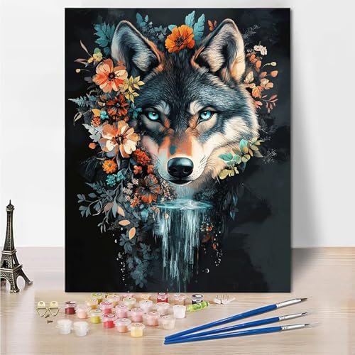 Malen Nach Zahlen Erwachsene Tiere, Malen Nach Zahlen ab 7 Jahre Mädchen, Malen Nach Zahlen Wolf mit 3-Pinseln und Acrylfarbe, DIY Handgemalt Ölgemälde Leinwand Kits, Wanddeko Geschenk 40x50cm -Wo66 von Wohoaqig