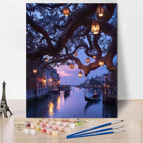 Malen Nach Zahlen Erwachsene Venedig Wasserstadt Malen Nach Zahlen Kinder mit 3-Pinseln und Acrylfarbe DIY Set, Paint by Numbers Adult Handgemalt öLgemälde Kit Als Zuhause Deko Geschenk 50x65cm -7o30 von Wohoaqig