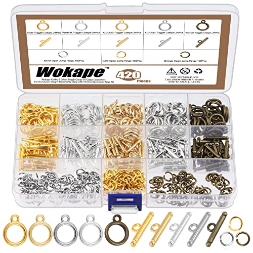 Wokape 120 Sets Metall-Knebelverschlüsse für die Schmuckherstellung, 5 Farben, Stabringverschluss, Knebelverschluss, Verbinder mit 300 offenen Binderingen für Halsketten, Armbänder von Wokape