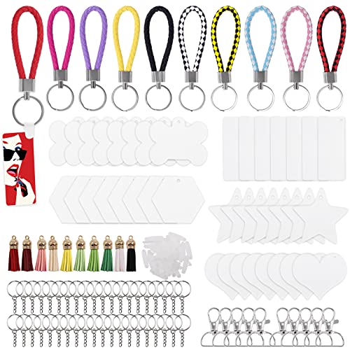 Wokape 155Pcs Schlüsselanhänger DIY für Vinyl-Kit, 5 Formen Acryl Rohlinge, 1 Zoll Schlüsselanhänger mit Kette, Schnalle, Swivel Karabinerhaken, Woven Keychains Schlüsselanhänger Quasten von Wokape