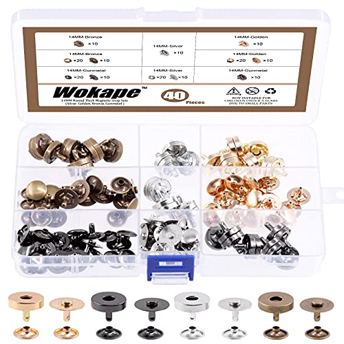 Wokape 40 Sets 4 Farben 14 mm runde starke Magnetknopf-Verschlüsse Sortiment Kit Knopfverschlüsse Verschluss Geldbörse Handtasche mit Unterlegscheibe perfekt für Nickel DIY Bastelset von Wokape