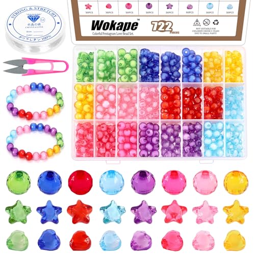 Wokape 722Pcs 9/10/11mm 3 Stile Süßigkeiten Farbe Acryl Perlen Kit enthält bunte verschiedene Kunststoff Pastell nette lose Perlen Bulk Star Herz runde Perlen, elastische Strings, Schere für Schmuck von Wokape