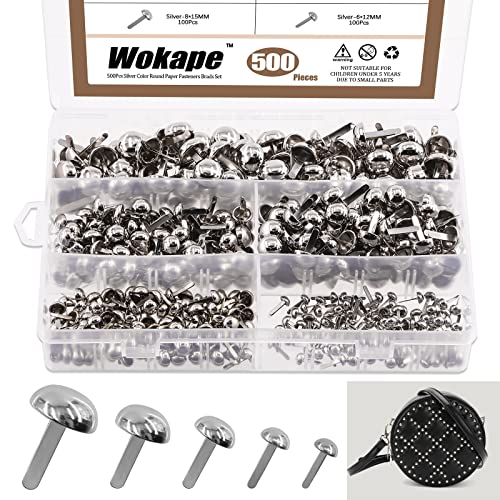 Wokape Paper Fasteners Brads Round Fasteners (Silver) - 500Pcs Sliver 5 Größen Pilz Kopf Runde Papier Fasteners Metall Brads dekorative Brads für Craft von Wokape