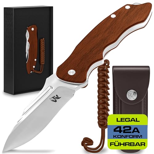 Wolfgangs FEROX Zweihandmesser Klappmesser aus feinstem D2 Stahl und Ebenholz-Griff - Legale mitführbares Taschenmesser Klappmesser - Outdoor Survival Messer - Klappmesser Outdoor + Leder Holster von Wolfgangs