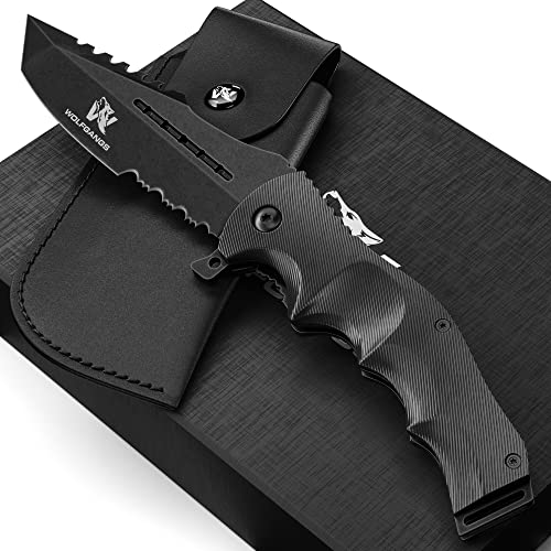 Wolfgangs UNDIQUE Einhand Klappmesser aus feinem 440C Stahl - Einhandmesser mit Leder-Holster - Outdoor Messer mit Multifunktions-Klinge - Starkes Survival Messer - Jagdmesser Bushcraft von Wolfgangs