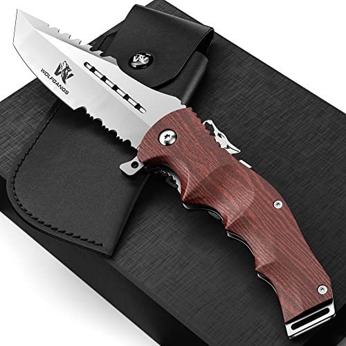 Wolfgangs UNDIQUE Einhand Klappmesser aus feinem 440C Stahl - Einhandmesser mit Leder-Holster - Outdoor Messer mit Multifunktions-Klinge - Starkes Survival Messer - Jagdmesser Bushcraft von Wolfgangs