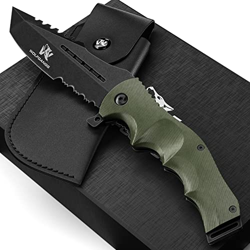 Wolfgangs UNDIQUE Einhand Klappmesser aus feinem 440C Stahl - Einhandmesser mit Leder-Holster - Outdoor Messer mit Multifunktions-Klinge - Starkes Survival Messer - Jagdmesser Bushcraft von Wolfgangs