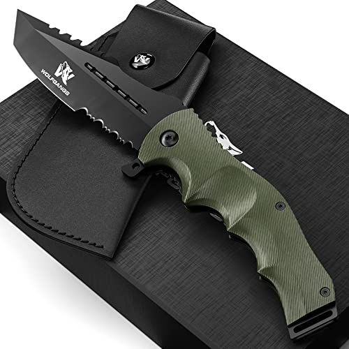 Wolfgangs UNDIQUE Einhand Klappmesser aus feinem 440C Stahl - Einhandmesser mit Leder-Holster - Outdoor Messer mit Multifunktions-Klinge - Starkes Survival Messer - Jagdmesser Bushcraft von Wolfgangs