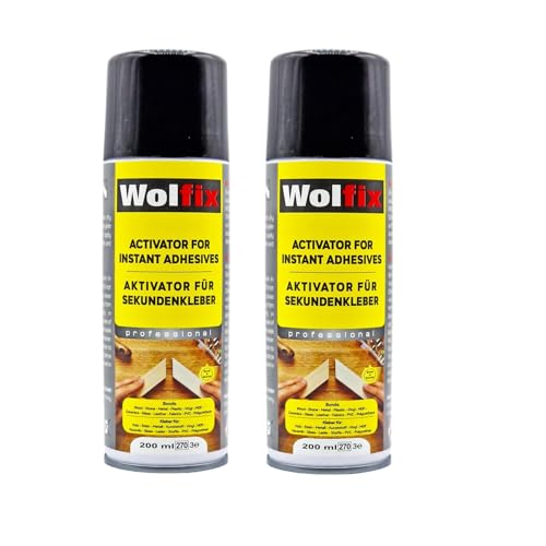 Wolfix Aktivator Spray Aushärtungsbeschleuinger 2 Stück 200ml für Sekundenkleber - Aerosol Sprühdose Extra Stark für Schnelles Aushärten von Alleskleber, Stoffkleber und Holzkleber - Sofortige Haftung von Wolfix