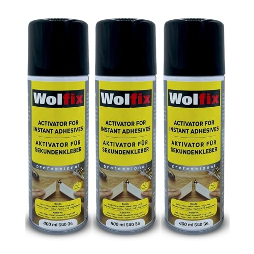 Wolfix Aktivator Spray Aushärtungsbeschleuinger 3 Stück 400ml für Sekundenkleber - Aerosol Sprühdose Extra Stark für Schnelles Aushärten von Alleskleber, Stoffkleber und Holzkleber - Sofortige Haftung Wolfix Aktivator Spray Aushärtungsbeschleuinger 3 Stück 400ml für Sekundenkleber - Aerosol Sprühdose Extra Stark für Schnelles Aushärten von Alleskleber, Stoffkleber und Holzkleber - Sofortige Haftung von Wolfix