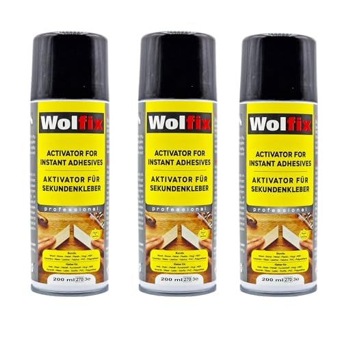 Wolfix Aktivator Spray Aushärtungsbeschleuinger 3 Stücke 200ml für Sekundenkleber - Aerosol Sprühdose Extra Stark für Schnelles Aushärten von Alleskleber, Stoffkleber, Keramikkleber und Holzkleber von Wolfix