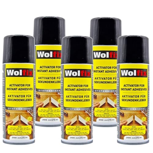 Wolfix Aktivator Spray Aushärtungsbeschleuinger 5 Stück 200ml für Sekundenkleber - Aerosol Sprühdose Stark für Schnelles Aushärten von Alleskleber, Keramikkleber und Holzkleber - für Sofortige Haftung von Wolfix