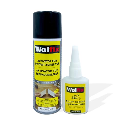 Wolfix Sekundenkleber Extra Stark 100g mit Aktivator Sprühkleber 400ml Spray - Alleskleber Set für Profi Reparaturen - Ideal für Materialien wie Kunststoff, Metall, Holz und Keramik von Wolfix