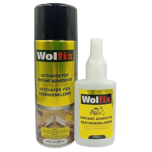 Wolfix Sekundenkleber Extra Stark 100g mit Aktivator Sprühkleber 400ml Spray - Alleskleber Set für Profi Reparaturen - Ideal für Materialien wie Kunststoff, Metall, Holz und Keramik von Wolfix