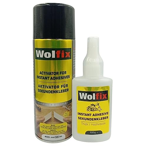 Wolfix Sekundenkleber Extra Stark 100g mit Aktivator Sprühkleber 400ml Spray - Alleskleber Set für Profi Reparaturen - Ideal für Materialien wie Kunststoff, Keramik, Holz und Metall von Wolfix