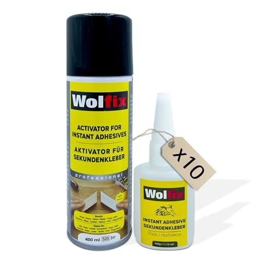 Wolfix Sekundenkleber Extra Stark 100g mit Aktivator Sprühkleber 400ml Spray 10er-Pack Alleskleber Set für Profi Reparaturen - Ideal für Materialien wie Kunststoff, Metall, Holz und Keramik von Wolfix