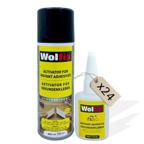 Wolfix Sekundenkleber Extra Stark 100g mit Aktivator Sprühkleber 400ml Spray 24er-Pack Alleskleber Set für Profi Reparaturen - Ideal für Materialien wie Kunststoff, Metall, Holz und Keramik von Wolfix