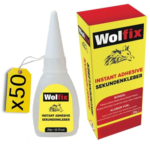 Wolfix Sekundenkleber Extra Stark 20g 50 Stück - Stoffkleber, Montagekleber, Textilkleber und Keramikkleber - Alleskleber für Profi Reparaturen - Ideal Kleber für Kunststoff, Keramik, Holz und Metall von Wolfix