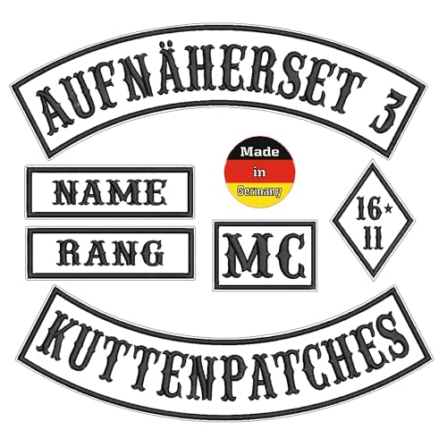 Aufnäherset 6-teilig +1, Bikerpatches, Wunschtext, selbst gestalten, für deine Motorradkutte, 6 Stück zum selbst gestalten und einer mit Made in Germany, personalisiert (mehrfarbig, 25) von Wolfszeit