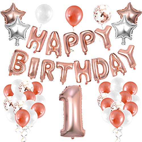 WolinTek 36 Stück Rose Gold 1. Geburtstag Dekorationen Party Supplies Nummer 1 Geburtstag Luftballons Alles Gute zum Geburtstag Ballon 1 Geburtstag Dekorationen für Geburtstag Party Mädchen von WolinTek