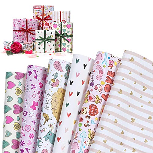 WolinTek bunten Geschenkpapier, 6 Bogen Packungen Geschenkpapier mit 6 Verschiedene für tolle Geschenk Kinder Geburtstag Hochzeit,Weihnachten, Valentinstag Geschenkpapier,70 x 50 cm von WolinTek