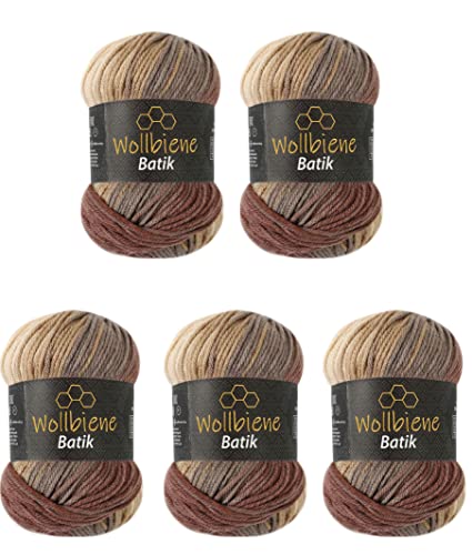 5 x 100g Wollbiene Batik 500 Gramm Wolle mit Farbverlauf mehrfarbig Multicolor Strickwolle Häkelwolle (5020 braun beige) von Wollbiene