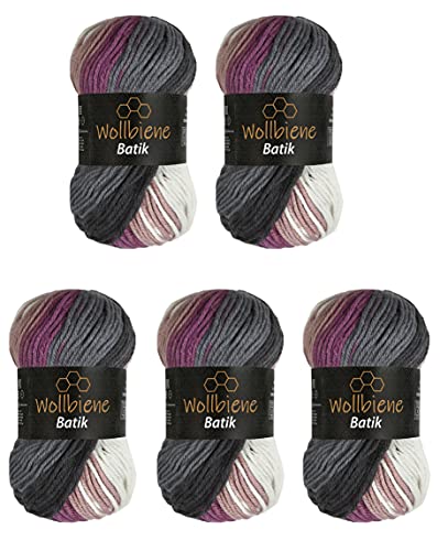 5 x 100g Wollbiene Batik 500 Gramm Wolle mit Farbverlauf mehrfarbig Multicolor Strickwolle Häkelwolle (5400 dunkelgrau beere weiß) von Wollbiene