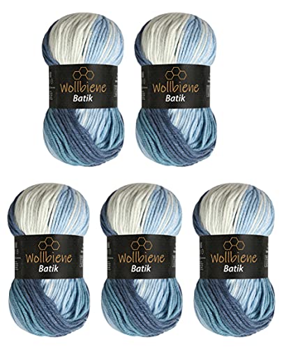 5 x 100g Wollbiene Batik 500 Gramm Wolle mit Farbverlauf mehrfarbig Multicolor Strickwolle Häkelwolle (5500 blau weiß) von Wollbiene