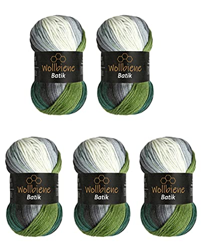 5 x 100g Wollbiene Batik 500 Gramm Wolle mit Farbverlauf mehrfarbig Multicolor Strickwolle Häkelwolle (5700 schwarz grau grün) von Wollbiene