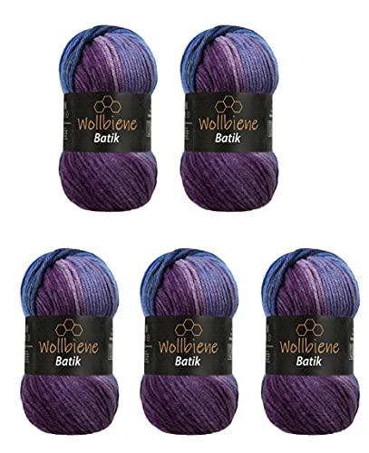 5 x 100g Wollbiene Batik 500 Gramm Wolle mit Farbverlauf mehrfarbig Multicolor Strickwolle Häkelwolle (5900 lila beere blau) von Wollbiene