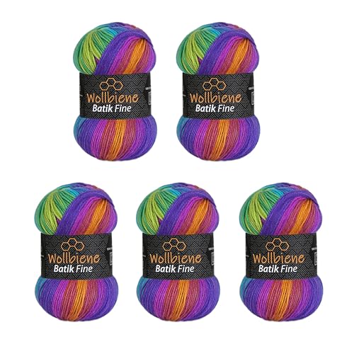 5 x 100g Wollbiene Batik Fine 500 Gramm Wolle mit Farbverlauf mehrfarbig Multicolor Strickwolle Häkelwolle (1510 lila blau grün) von Wollbiene