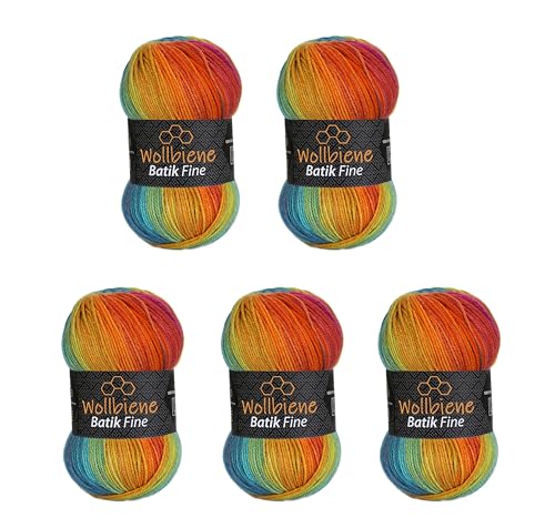 5 x 100g Wollbiene Batik Fine 500 Gramm Wolle mit Farbverlauf mehrfarbig Multicolor Strickwolle Häkelwolle (2060 beere orange grün türkis) von Wollbiene