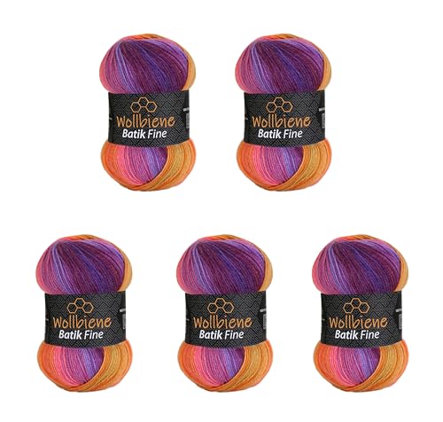 5 x 100g Wollbiene Batik Fine 500 Gramm Wolle mit Farbverlauf mehrfarbig Multicolor Strickwolle Häkelwolle (5600 lila beere orange) von Wollbiene