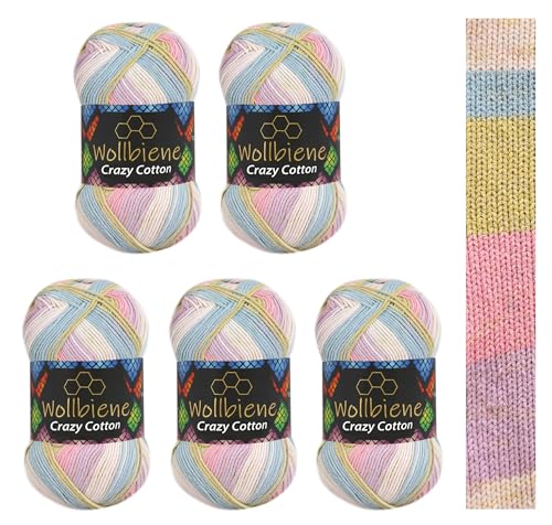 5 x 100g Wollbiene Crazy Cotton Batik 500 Gramm mit Farbverlauf 55% Baumwolle mehrfarbig Multicolor Strickwolle Häkelwolle Wolle Ganzjahreswolle (6060 flieder rosa grün) von Wollbiene