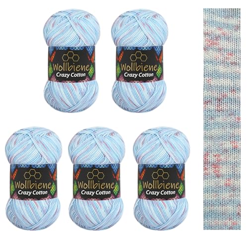 5 x 100g Wollbiene Crazy Cotton Batik 500 Gramm mit Farbverlauf 55% Baumwolle mehrfarbig Multicolor Strickwolle Häkelwolle Wolle Ganzjahreswolle (6070 hellblau flieder color) von Wollbiene