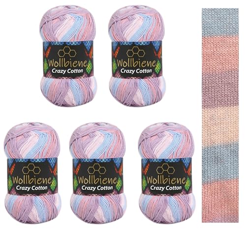 5 x 100g Wollbiene Crazy Cotton Batik 500 Gramm mit Farbverlauf 55% Baumwolle mehrfarbig Multicolor Strickwolle Häkelwolle Wolle Ganzjahreswolle (7000 hellblau rosa flieder) von Wollbiene