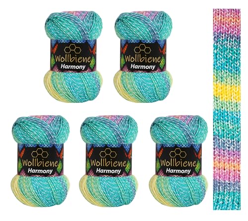 5 x 100g Wollbiene Harmony Batik 500 Gramm mit Farbverlauf 30% Baumwolle mehrfarbig Multicolor Strickwolle Häkelwolle Wolle Ganzjahreswolle (8030 türkis grün gelb beere) von Wollbiene