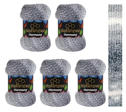 5 x 100g Wollbiene Harmony Batik 500 Gramm mit Farbverlauf 30% Baumwolle mehrfarbig Multicolor Strickwolle Häkelwolle Wolle Ganzjahreswolle (8090 dunkelgrau grau weiß) von Wollbiene