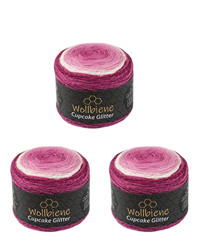 Cupcake Glitter Simli 3 x 150g Strickwolle 450 Gramm Wolle zum Stricken und Häkeln Babywolle türkische Wolle Farbverlaufswolle Glitzer (3200 beere weiß rosa) von Wollbiene