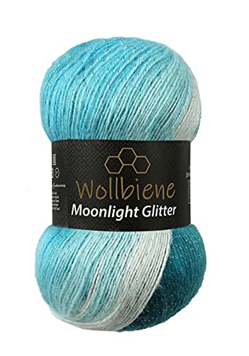 Moonlight Glitter Batik Simli 100g Strickwolle Wolle zum Stricken und Häkeln 20% Wolle Metallic-Wolle türkische Wolle Farbverlaufswolle Glitzerwolle (5200 petrol türkis weiß) von Wollbiene