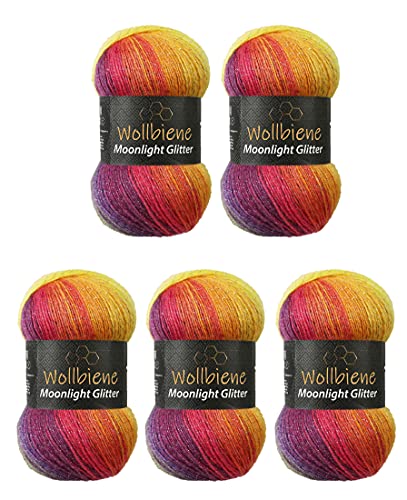 Moonlight Glitter Batik Simli 5 x 100g Strickwolle 500 Gramm Wolle zum Stricken und Häkeln 20% Wolle Metallic-Wolle türkische Wolle Farbverlaufswolle Glitzerwolle (2600 rainbow) von Wollbiene