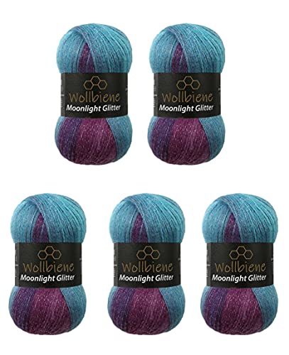 Moonlight Glitter Batik Simli 5 x 100g Strickwolle 500 Gramm Wolle zum Stricken und Häkeln 20% Wolle Metallic-Wolle türkische Wolle Farbverlaufswolle Glitzerwolle (5960 beere lila türkis) von Wollbiene