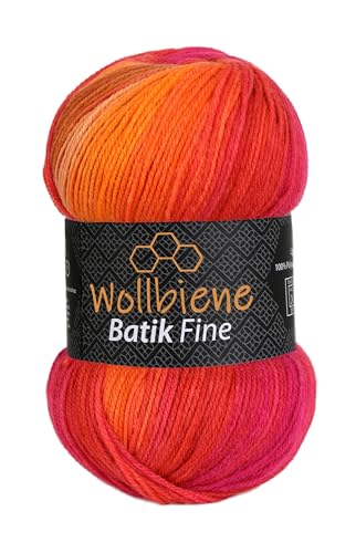 Wollbiene Batik Fine 100 Gramm Wolle mit Farbverlauf mehrfarbig Multicolor Strickwolle Häkelwolle (1410 rot orange) von Wollbiene