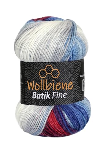 Wollbiene Batik Fine 100 Gramm Wolle mit Farbverlauf mehrfarbig Multicolor Strickwolle Häkelwolle (1540 blau dunkelrot weiß) von Wollbiene