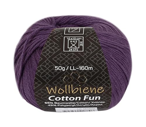 Wollbiene Cotton Fun Strickwolle 55% Baumwolle - Vielfältige Farbauswahl, Garn, Amigurumi Jeans 50g (15 dunkellila) von Wollbiene