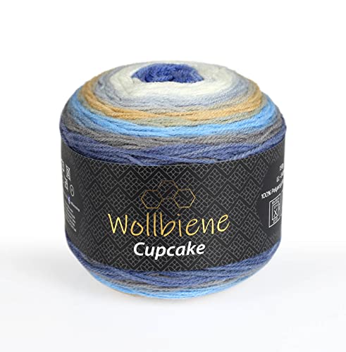 Wollbiene Cupcake Wolle zum Stricken 150g Strickwolle 150 Gramm Häkeln Babywolle Wolle Farbverlaufswolle (blau beige weiß 3070) von Wollbiene