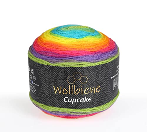 Wollbiene Cupcake Wolle zum Stricken 150g Strickwolle 150 Gramm Häkeln Babywolle Wolle Farbverlaufswolle (regenbogen 3040) von Wollbiene